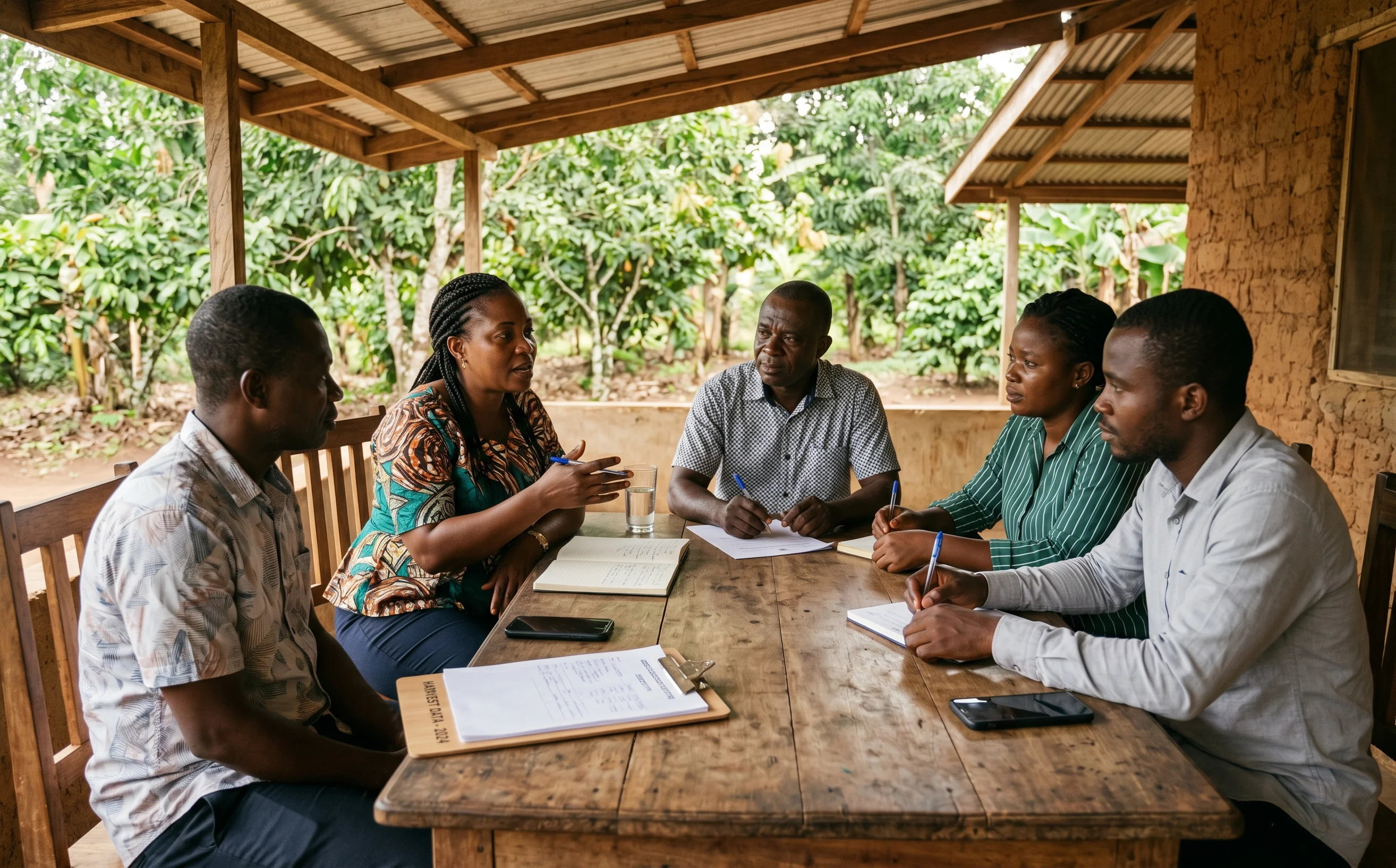 Liberian cocoa cooperative meeting with farmers and community leaders in West Africa, partners in the Quality Roots Canada-Liberia trade corridor