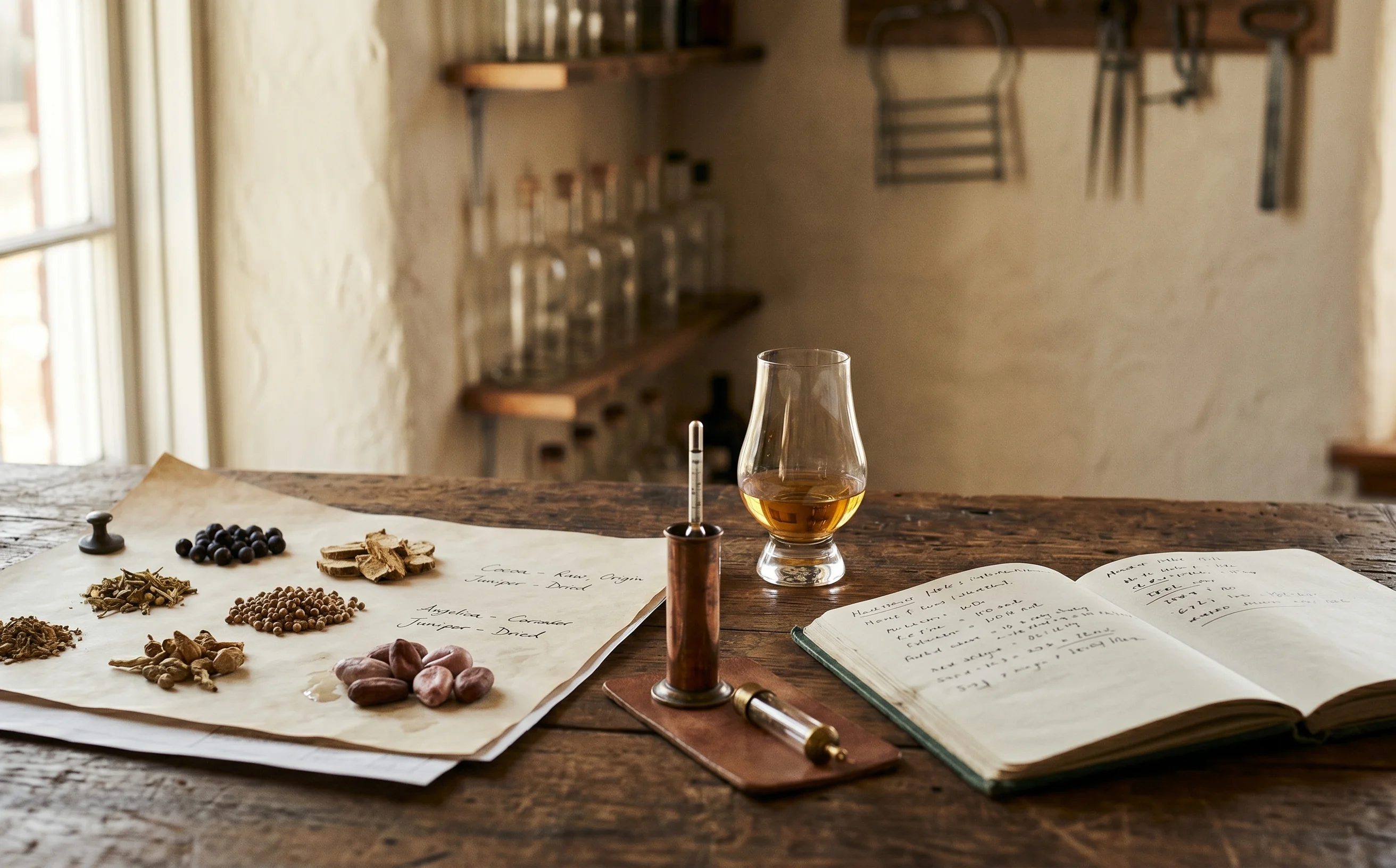 Canadian craft producer workspace with distilling notes and tasting tools, representing licensed producers entering the Liberian hospitality export market through Quality Roots