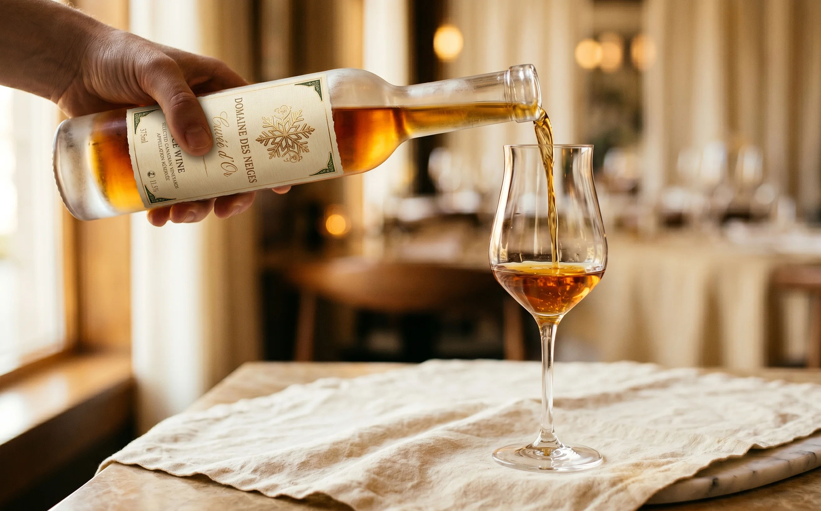 Canadian icewine being poured at a Liberian hotel bar, a differentiated premium import for West African hospitality buyers from Quality Roots