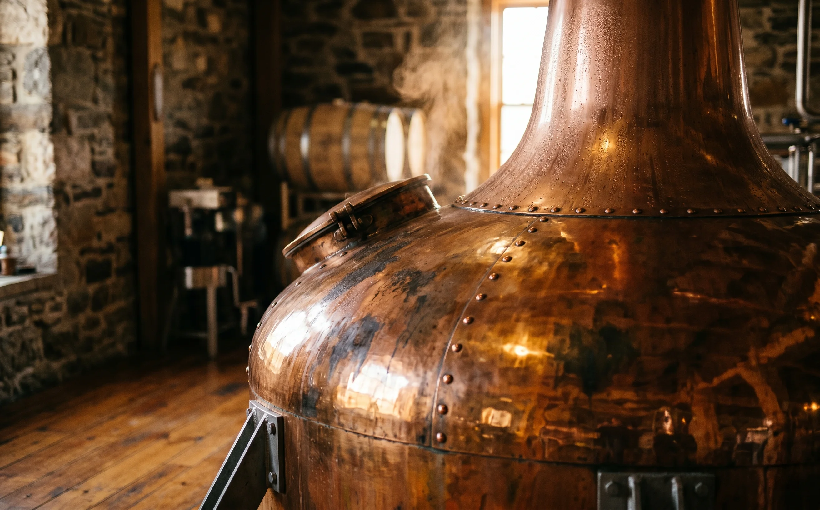 Copper pot still in a licensed Canadian craft distillery, provincially regulated spirits available for export to the Liberian hospitality market through Quality Roots