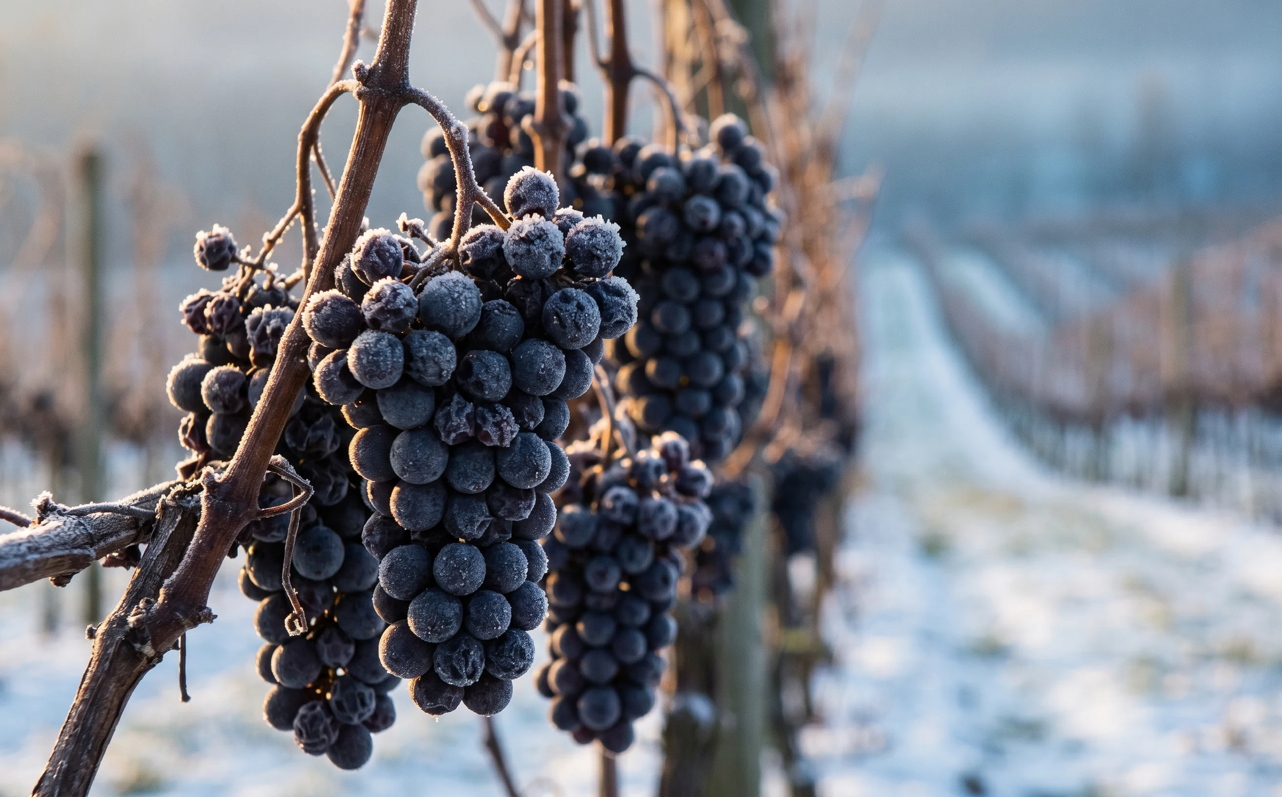 Frozen grape clusters on a Canadian icewine vineyard in winter frost, premium icewine available for export to the Liberian market through Quality Roots